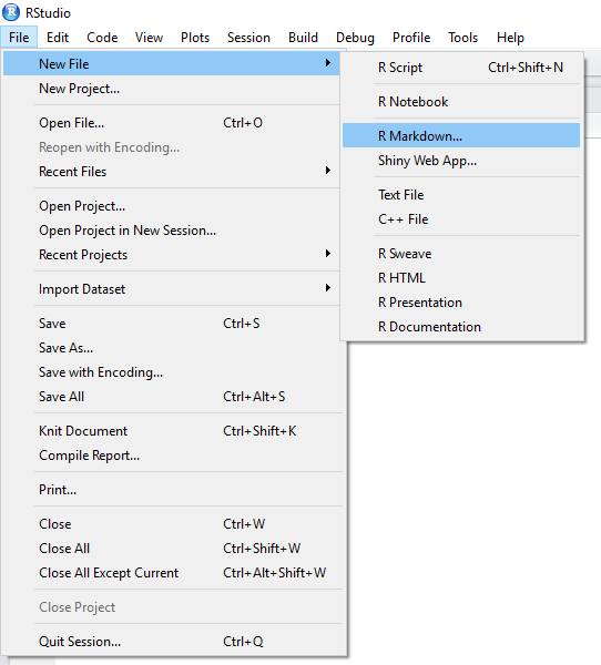 Creating an R Markdown Document in New File, then R Markdown...